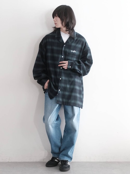 オンブレチェック/起毛ワンポイント刺繍オープンカラーシャツ/開襟シャツ
