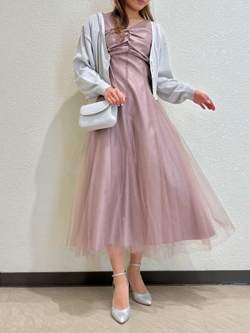 AIMER ドレス グリッターチュールフロントギャザー袖付きレースアップ