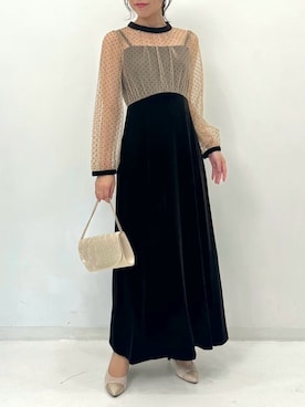 「AIMER（エメ）の【WEB限定】フロッキードットチュール×ベロアロングスリーブパーティードレス　結婚式　お呼ばれ　ドレス　20代 30代 40代（ドレス、ブラウン系）」を使った、AIMERさん（レディース・162cm）の秋コーディネート