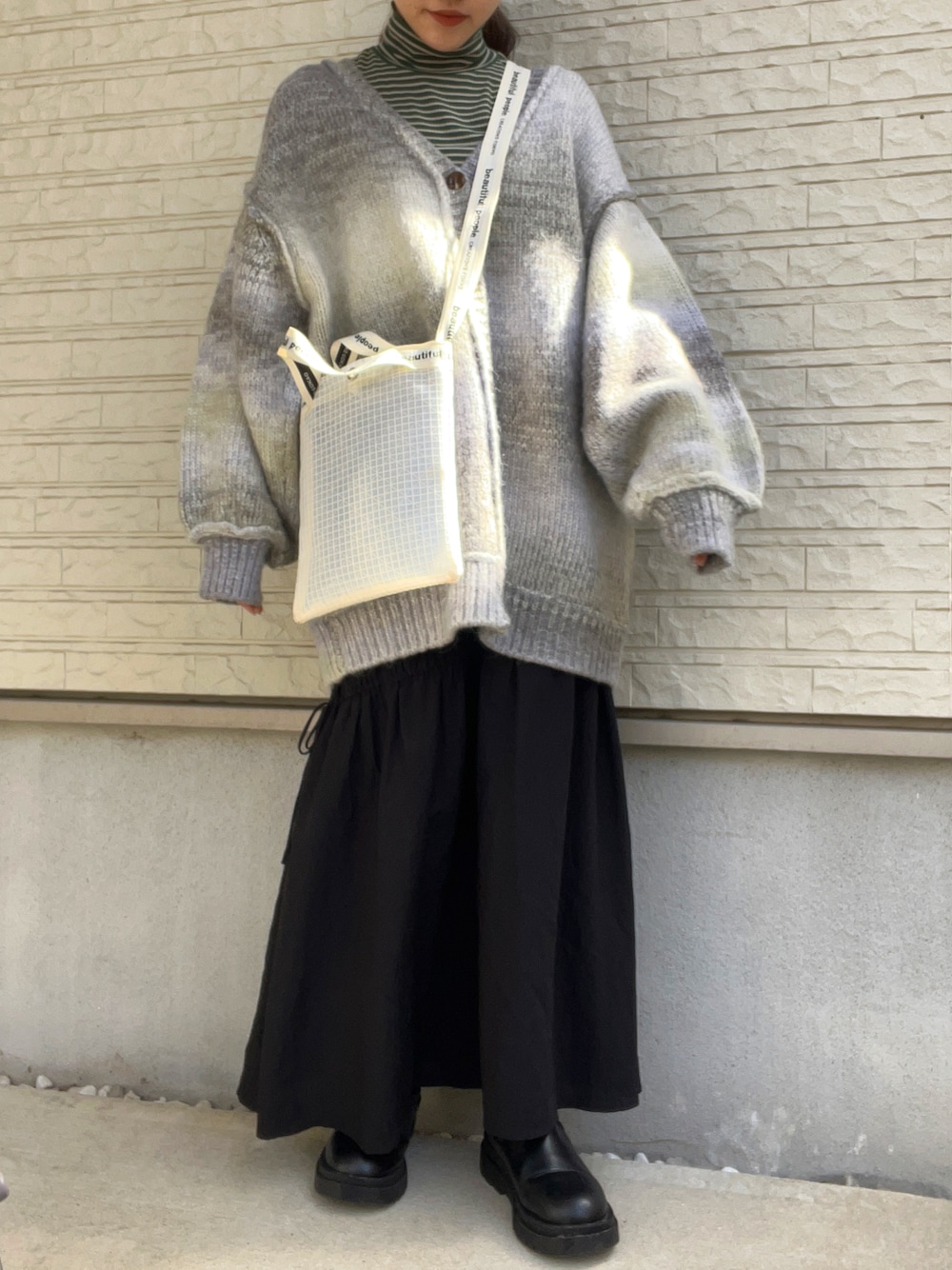 アンサンブル カーディガン × ハイネック タートル ボーダー×波柄編み 44