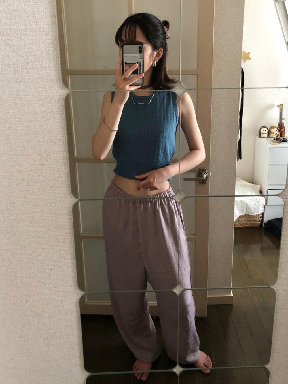「タンクトップ、シンプル、ラフ、大人カジュアル、紫陽花」｜「VINTAGEの母のおふる（Tシャツ/カットソー、ブルー系）」を使った、コケモモさん（レディース・158cm）の夏コーディネートの1枚目の写真