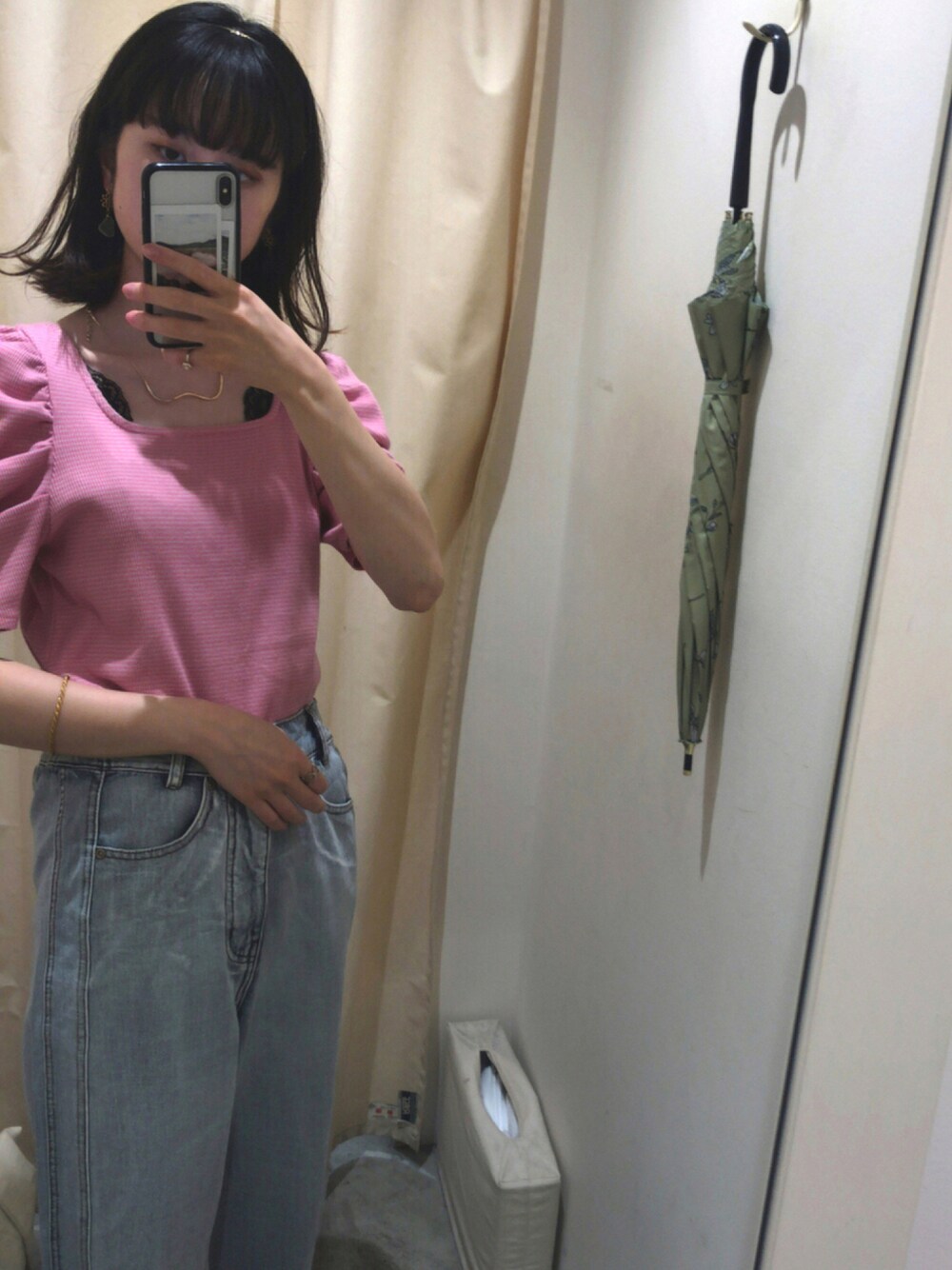 「ピンク、ブルー、デニム」｜「w closetの細ボーダーボリューム袖テレコプルオーバー（Tシャツ/カットソー、ピンク系）」を使った、コケモモさん（レディース・158cm）の夏コーディネートの1枚目の写真