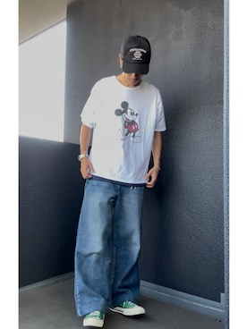 「古着のアイテム（Tシャツ/カットソー、ホワイト系）」を使った、iSHiさん（メンズ・181cm）の夏コーディネート