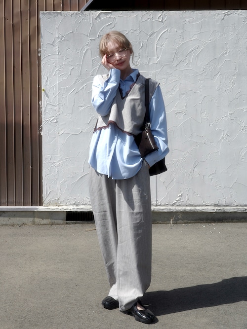 YENNA ベスト ジレ ストライプ柄 レース切替Vネックベスト