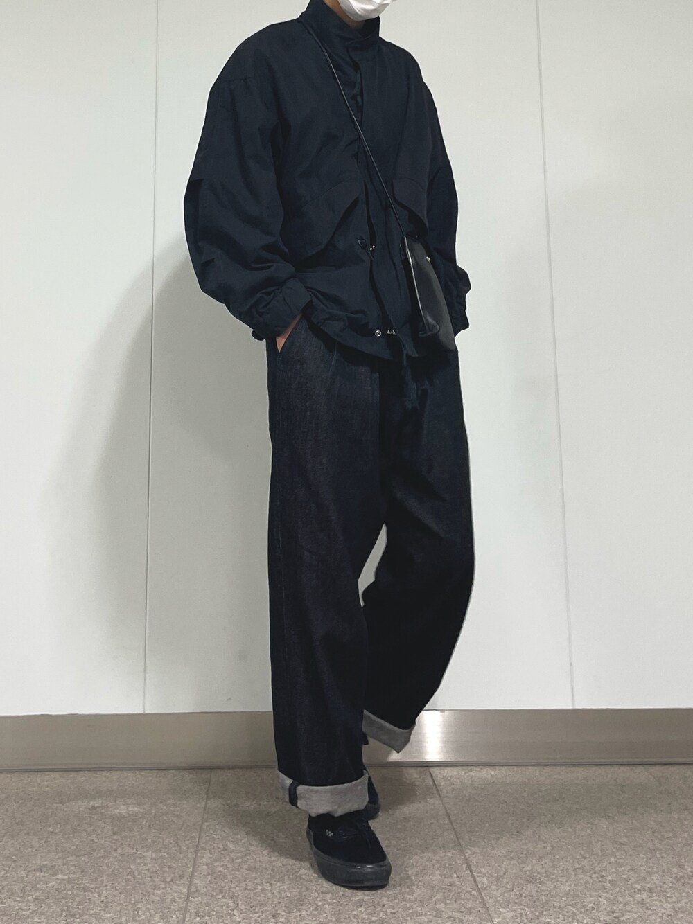「今日のコーデ、冬アウター、ootd、キレイめ、キレイめコーデ、きれいめカジュアル、WYM、WYM LIDNM、福岡、九州」｜「WYM LIDNMのLAYERED 3WAY MILITARY BLOUSON(SHORT M-65)（モッズコート、ブラック系）」を使った、アリボンさん（メンズ・173cm）の冬コーディネートの1枚目の写真