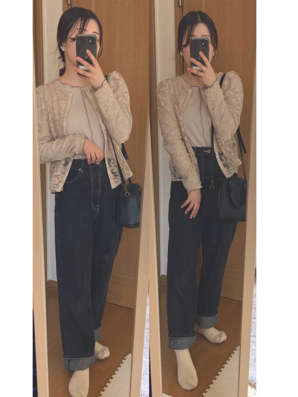 ベージュ系のトップス、ベージュ系のシャツ/ブラウス、グレー系のデニムパンツを着用したレディースの春コーディネートの1枚目の写真
