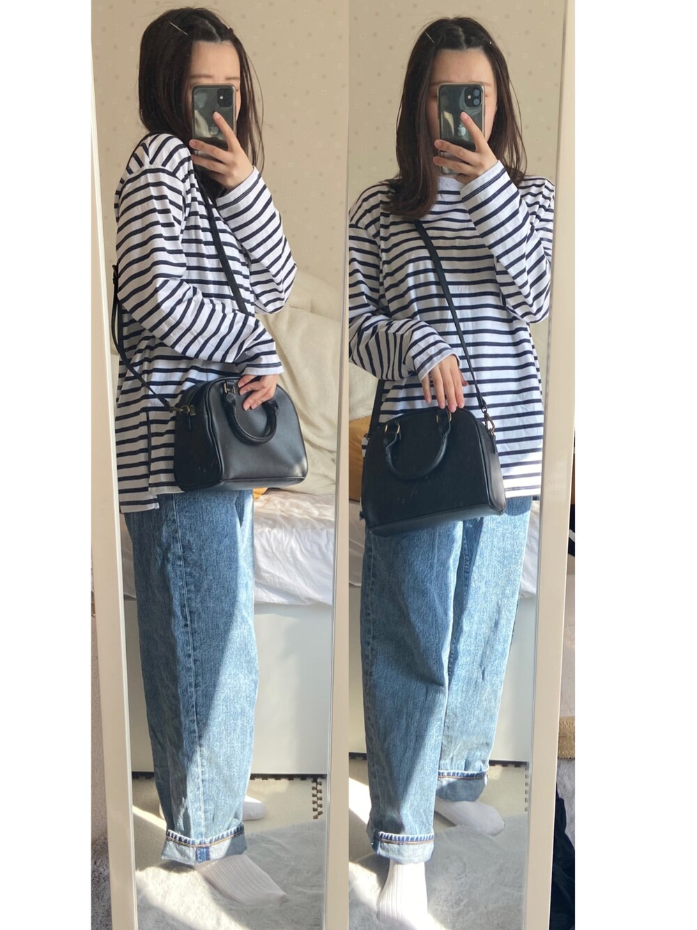 ブラック系のショルダーバッグ、ホワイト系のTシャツ/カットソー、ブルー系のデニムパンツを着用したレディースの春コーディネートの1枚目の写真
