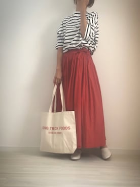 「レッド」｜「アイテム（スリッポン）」を使った、mykさん（レディース・160cm）の夏コーディネート