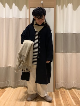 「コーデュロイ」｜「アイテム（ノーカラーコート）」を使った、ミズキさん（レディース・153cm）の冬コーディネート