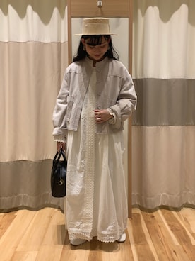 「カンカン帽」｜「アイテム（ジャンパースカート）」を使った、ミズキさん（レディース・153cm）の春コーディネート