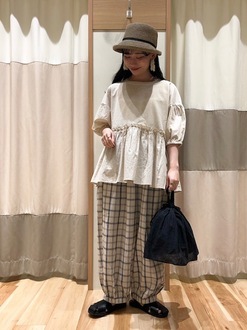M/Lサイズ】綿麻平織りウエスト切替ギャザーバルーンパンツ