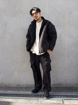 「alfredoBANNISTER（アルフレッドバニスター）のアイテム（ブーツ）」を使った、明賀健太さん（メンズ・178cm）の冬コーディネート