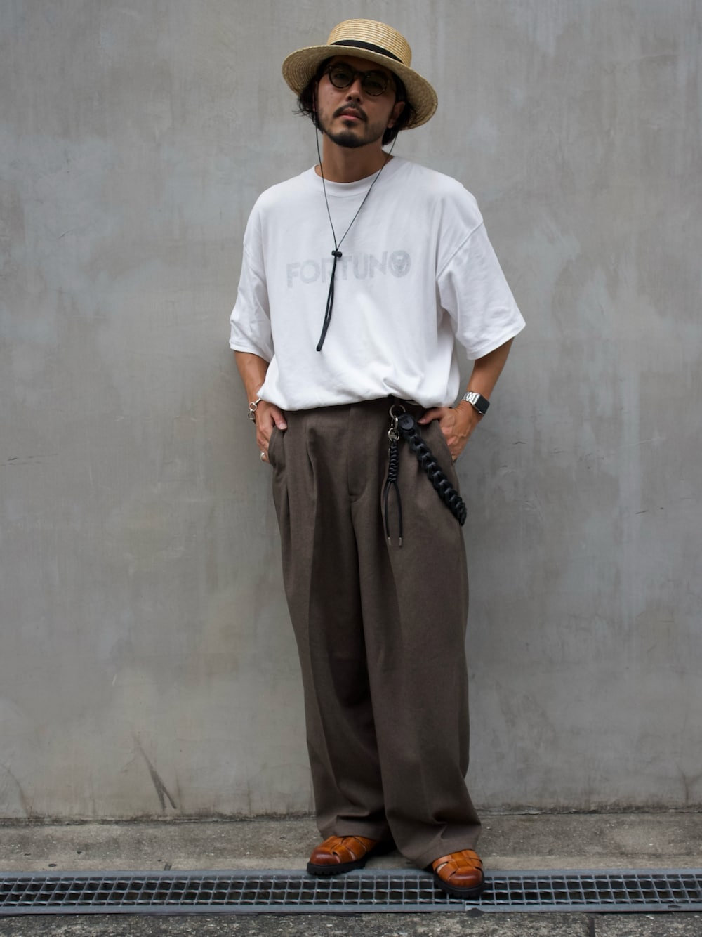 イエロー系のサンダルを着用したメンズの夏コーディネートの1枚目の写真