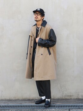 「ミリタリーコーデ」｜「アイテム（ステンカラーコート）」を使った、明賀健太さん（メンズ・178cm）の秋コーディネート