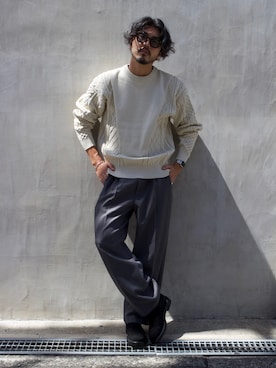 「alfredoBANNISTER（アルフレッドバニスター）のアイテム（ブーツ）」を使った、明賀健太さん（メンズ・178cm）の秋コーディネート