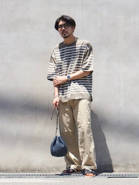 「MASTER&Co（マスターアンドコー）のアイテム（パンツ）」を使った、明賀健太さん（メンズ・178cm）の夏コーディネート