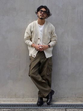 「alfredoBANNISTER（アルフレッドバニスター）のアイテム（ブーツ）」を使った、明賀健太さん（メンズ・178cm）の秋コーディネート