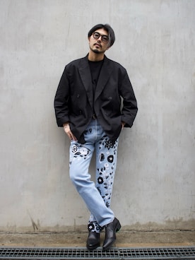 「刺繍」｜「アイテム（その他シューズ）」を使った、明賀健太さん（メンズ・178cm）の春コーディネート
