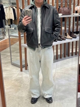 「Supreme （シュプリーム）のアイテム（ライダースジャケット、ブラック系）」を使った、たらおさん（メンズ・171cm）の夏コーディネート