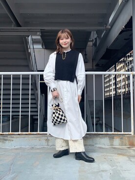 「Ray BEAMS（レイビームス）のLilas Campbell × Ray BEAMS / 別注 チェッカー 巾着 バッグ（ショルダーバッグ）」を使った、ぽちさん（レディース・158cm）の秋コーディネート