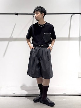「HARE（ハレ）の【SET UP対応】ビルディングレザーポケットカットソー(HARE)（Tシャツ/カットソー、ブラック系）」を使った、ウエノ シンヤさん（メンズ・176cm）の夏コーディネート
