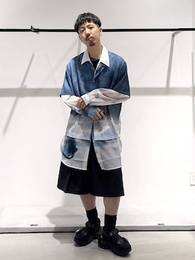 「HARE（ハレ）のビルディングソールサンダル(HARE)（サンダル、ブラック系）」を使った、ウエノ シンヤさん（メンズ・176cm）の夏コーディネート