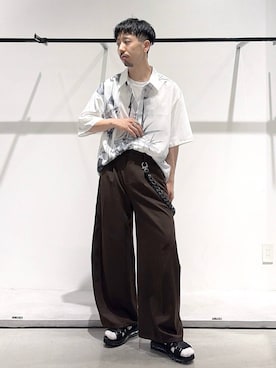 「HARE（ハレ）のクリアソールクロスサンダル(HARE)（サンダル、ブラック系）」を使った、ウエノ シンヤさん（メンズ・176cm）の夏コーディネート