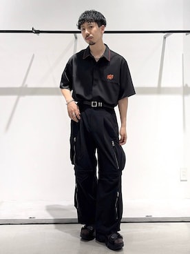 「HARE（ハレ）の【新世紀エヴァンゲリオン×HARE】ラインアートシャツ(HARE)（シャツ/ブラウス、レッド系）」を使った、ウエノ シンヤさん（メンズ・176cm）の夏コーディネート