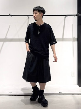 「HARE（ハレ）のビルディングソールサンダル(HARE)（サンダル、ブラック系）」を使った、ウエノ シンヤさん（メンズ・176cm）の夏コーディネート