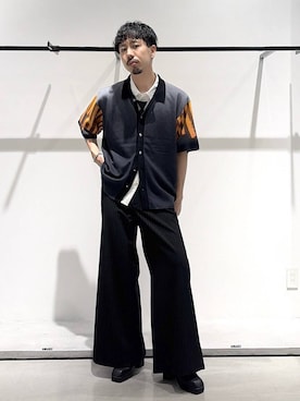 「HARE（ハレ）の【新世紀エヴァンゲリオン×HARE】A.T.フィールドニットシャツ(HARE)（ニット/セーター、ブラック系）」を使った、ウエノ シンヤさん（メンズ・176cm）の夏コーディネート