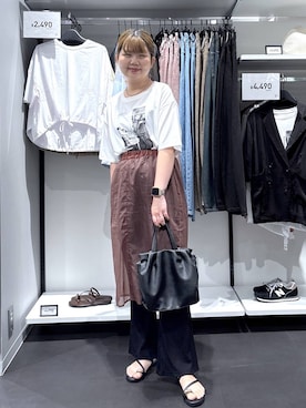 「LAKOLE（ラコレ）のアソート箔フォトプリントＴ / 1023084（Tシャツ/カットソー、ホワイト系）」を使った、shinoさん（レディース・162cm）の夏コーディネート
