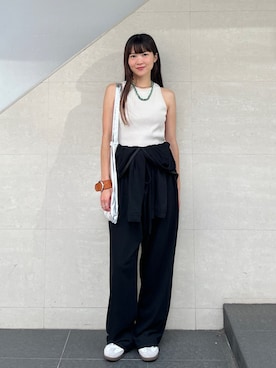 「アイテム（つなぎ/オールインワン）」を使った、安孫子さん（レディース・155cm）の夏コーディネート