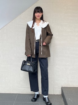 「アイテム（ノーカラージャケット）」を使った、安孫子さん（レディース・155cm）の秋コーディネート