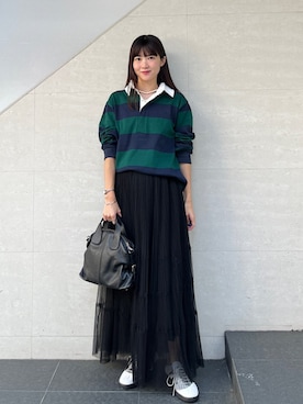 「SHIPS（シップス）の淡水パールマンテルネックレス 40cm（ネックレス）」を使った、安孫子さん（レディース・155cm）の秋コーディネート