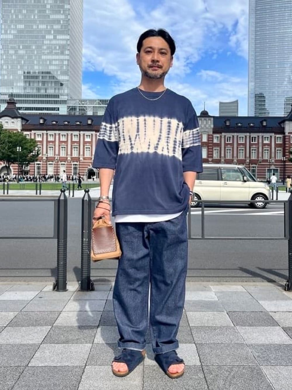 ブルー系のTシャツ/カットソー、ブルー系のデニムパンツ、ブラウン系のハンドバッグを着用したメンズの夏コーディネートの1枚目の写真
