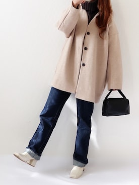 「ANGIE（アンジー）のアイテム（ノーカラーコート）」を使った、canさん（レディース・156cm）の冬コーディネート
