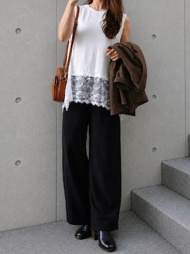 「pocket（ポケット）の裾レースドッキングノースリプルオーバー（T Shirts、ホワイト系）」を使った、canさん（レディース・156cm）の春コーディネート
