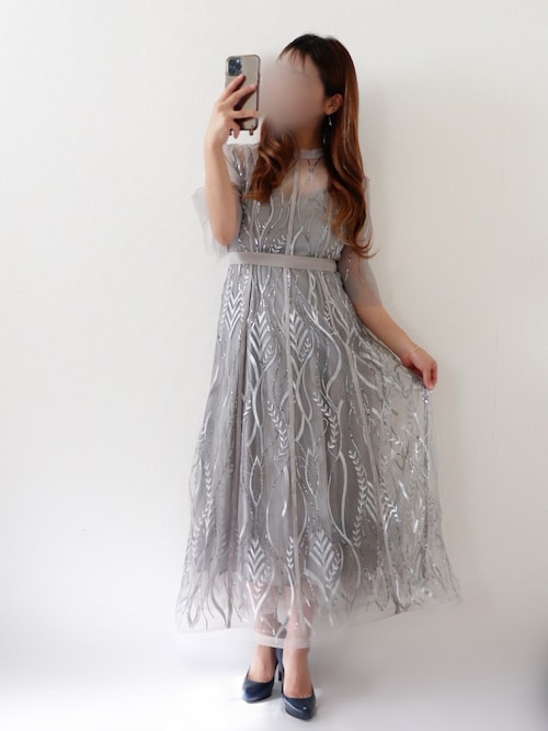 即購入◯スパンコール刺繍レースプチハイネックフリルロングドレスワンピース結婚式 セール】【LEJA】スパンコール刺繍レースプチハイネックフリル
