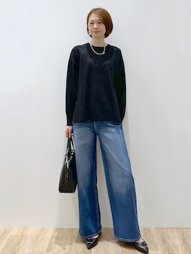 「OPAQUE.CLIP（オペークドットクリップ）のリラクシークルーニット【洗濯機OK】（Knitwear、ブラック系）」を使った、yurieさん（レディース・167cm）の秋コーディネート
