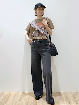 「OPAQUE.CLIP（オペークドットクリップ）のベーシックシャツ／ストライプアソート【洗濯機OK】（Shirts、ブラウン系）」を使った、yurieさん（レディース・167cm）の秋コーディネート