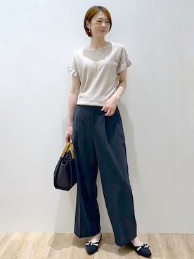 「index（インデックス）のフリルスリーブニット【洗濯機OK】（Knitwear、ベージュ系）」を使った、yurieさん（レディース・167cm）の夏コーディネート