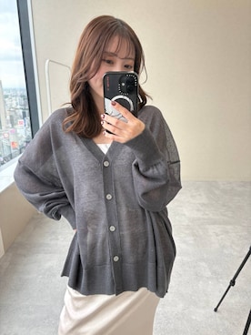 「A part by（アパートバイ）の【WEB限定】シアーBIGカーディガン（カーディガン/ボレロ、グレー系）」を使った、ですこさん（レディース・148cm）の春コーディネート
