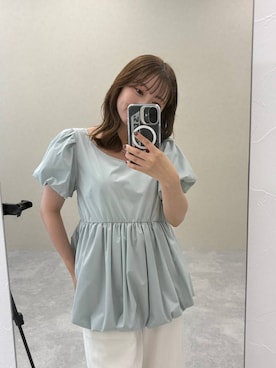 「A part by（アパートバイ）の【インフルエンサーyuiさんコラボ】YUバルーンギャザーブラウス（シャツ/ブラウス、ブルー系）」を使った、ですこさん（レディース・148cm）の春コーディネート