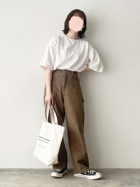 「flaner（フラネ）のペインターデニムパンツ【ユニセックス】（デニムパンツ）」を使った、ukiさん（レディース・155cm）の夏コーディネート