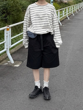 「full/fill.（フルフィル）のmulti border over T / マルチボーダーオーバーT（Tシャツ/カットソー）」を使った、ukiさん（レディース・155cm）の秋コーディネート