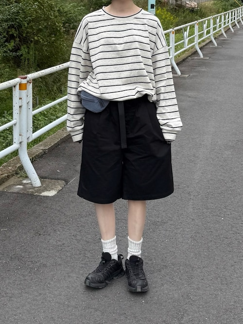 「full/fill.(フルフィル)のmulti border over T / マルチボーダーオーバーT(Tシャツ/カットソー)」を使った、ukiさん(レディース・155cm)の秋コーディネート