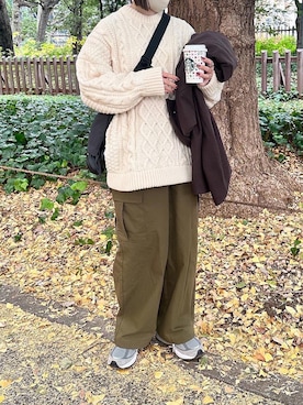 「ケーブルニット」｜「アイテム（ステンカラーコート）」を使った、ukiさん（レディース・155cm）の秋コーディネート