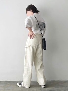 「flaner（フラネ）のペインターデニムパンツ【ユニセックス】（デニムパンツ）」を使った、ukiさん（レディース・155cm）の夏コーディネート