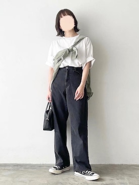 「flaner（フラネ）のペインターデニムパンツ【ユニセックス】（デニムパンツ）」を使った、ukiさん（レディース・155cm）の夏コーディネート