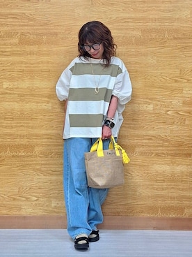 「SHOO・LA・RUE（シューラルー）のふわりシルエットが新しい ワイドピッチボーダートップス（Tシャツ/カットソー、グリーン系）」を使った、  ありゅさん（レディース・150cm）の春コーディネート